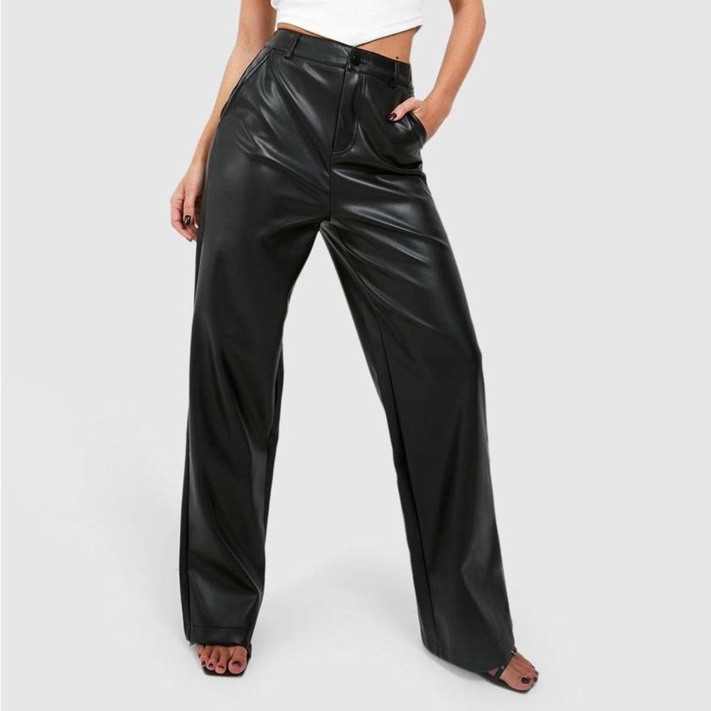 boohoo Faux Leather Relaxed Fit Straight Leg Trousers, Black, Size 2